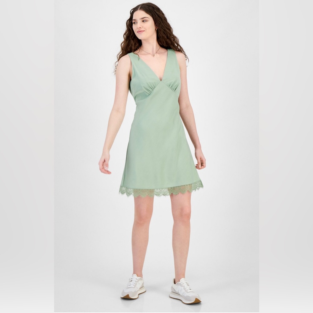 NWT Madden Girl, Junior's Lace - Trim Satin Slip Mini Dress, Fresh Sage, XL
